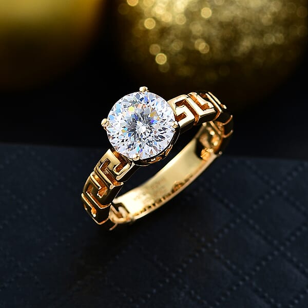 D'Joy 129 Facet Strontium Titanate 3.10 Ctw Art Deco Ring In 18K Vermeil Yellow Gold Over Sterling Silver