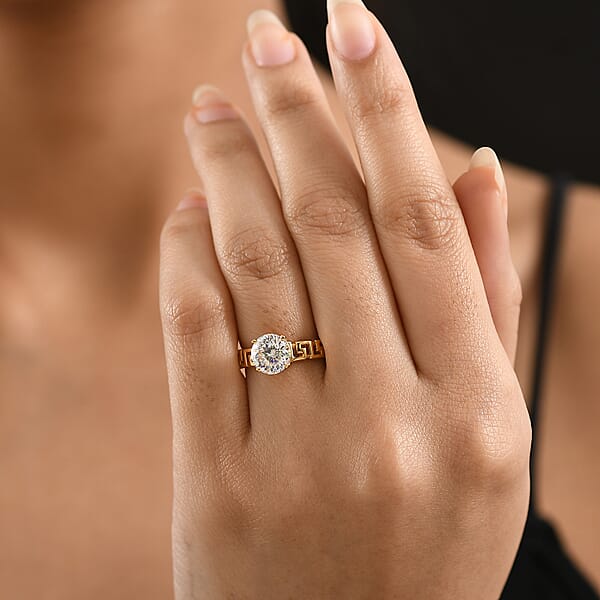D'Joy 129 Facet Strontium Titanate 3.10 Ctw Art Deco Ring In 18K Vermeil Yellow Gold Over Sterling Silver