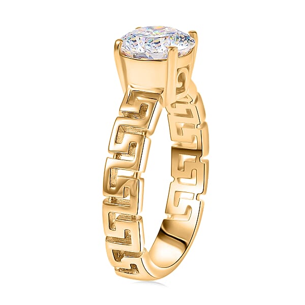 D'Joy 129 Facet Strontium Titanate 3.10 Ctw Art Deco Ring In 18K Vermeil Yellow Gold Over Sterling Silver