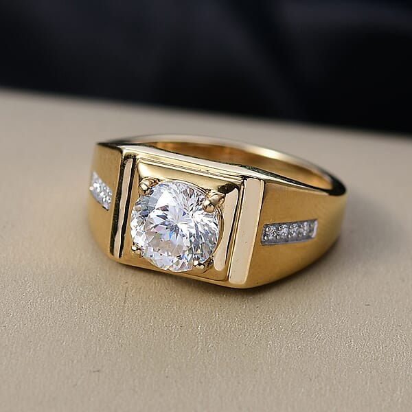 D'Joy 129 Facet Strontium Titanate And Moissanite 3.10 Ctw Men's Ring In 18K Vermeil Yellow Gold Over Sterling Silver