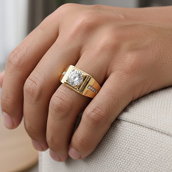 D'Joy 129 Facet Strontium Titanate And Moissanite 3.10 Ctw Men's Ring In 18K Vermeil Yellow Gold Over Sterling Silver