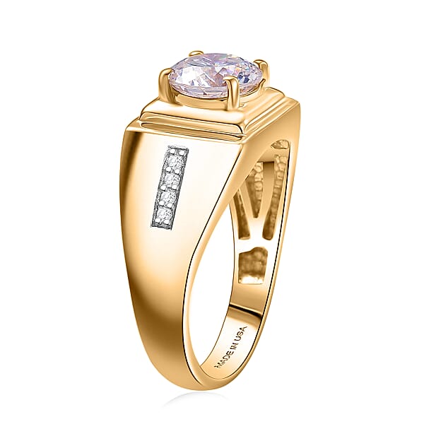 D'Joy 129 Facet Strontium Titanate And Moissanite 3.10 Ctw Men's Ring In 18K Vermeil Yellow Gold Over Sterling Silver