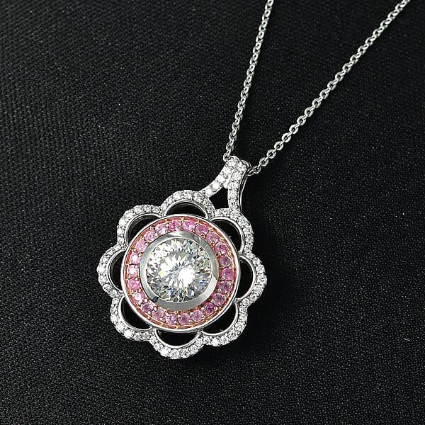 D'Joy 129 Facet Strontium Titanate And Multi Gemstone 3.90 Ctw Elegant Floral Pendant Necklace 20 Inches In Rhodium Over Sterling Silver