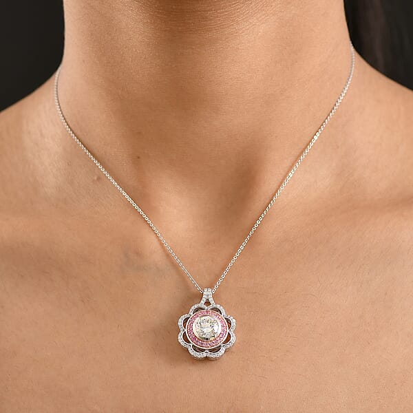 D'Joy 129 Facet Strontium Titanate And Multi Gemstone 3.90 Ctw Elegant Floral Pendant Necklace 20 Inches In Rhodium Over Sterling Silver