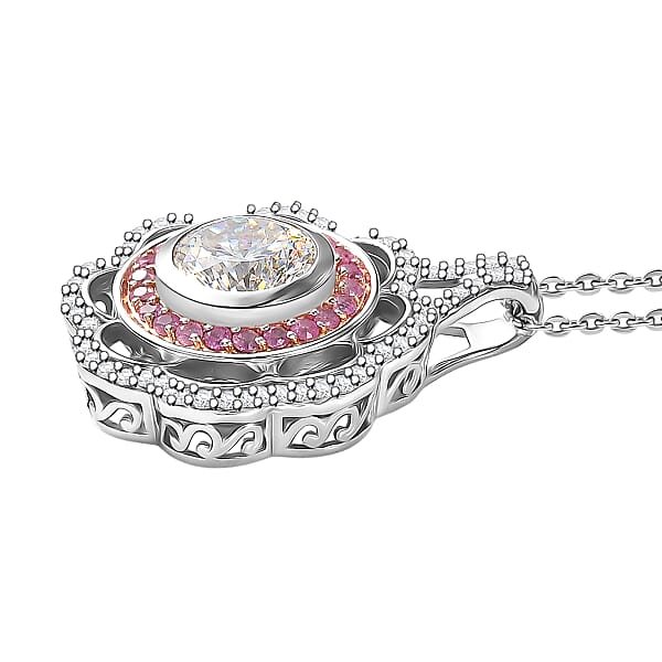 D'Joy 129 Facet Strontium Titanate And Multi Gemstone 3.90 Ctw Elegant Floral Pendant Necklace 20 Inches In Rhodium Over Sterling Silver