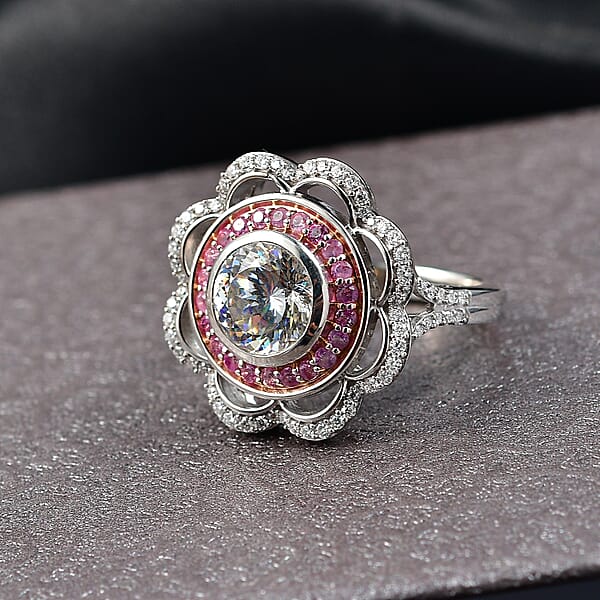 D'Joy 129 Facet Strontium Titanate And Multi Gemstone 4.00 Ctw Elegant Floral Ring In Rhodium Over Sterling Silver