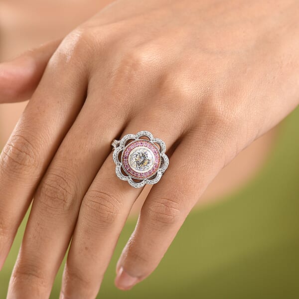 D'Joy 129 Facet Strontium Titanate And Multi Gemstone 4.00 Ctw Elegant Floral Ring In Rhodium Over Sterling Silver