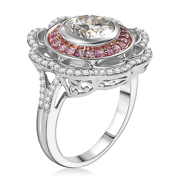 D'Joy 129 Facet Strontium Titanate And Multi Gemstone 4.00 Ctw Elegant Floral Ring In Rhodium Over Sterling Silver