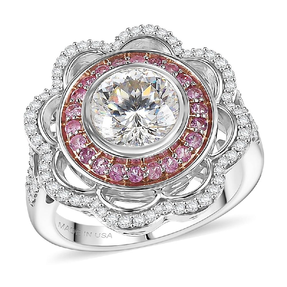 D'Joy 129 Facet Strontium Titanate and Multi Gemstone 4.00 ctw Elegant Floral Ring in Rhodium Over Sterling Silver