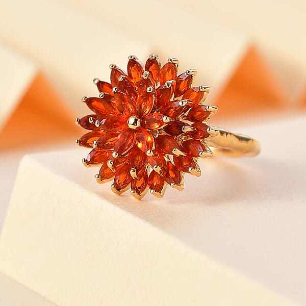 D'Joy AAA Buriti Fire Opal 2.20 Ctw Dahlia Flower Ring In 18K Vermeil Yellow Gold Over Sterling Silver (Del. In 10-12 Days)