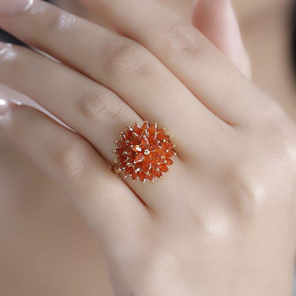 D'Joy AAA Buriti Fire Opal 2.20 Ctw Dahlia Flower Ring In 18K Vermeil Yellow Gold Over Sterling Silver (Del. In 10-12 Days)