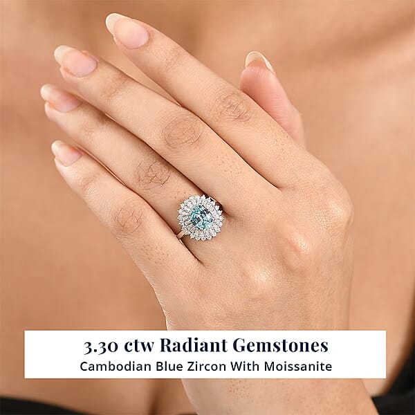 D'Joy AAA Cambodian Blue Zircon Moissanite Azure Ring In Rhodium Over Sterling Silver 3.30 Ctw