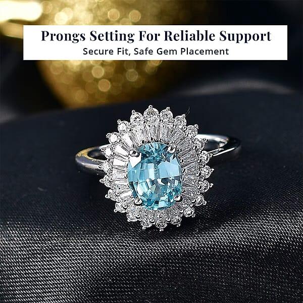 D'Joy AAA Cambodian Blue Zircon Moissanite Azure Ring In Rhodium Over Sterling Silver 3.30 Ctw