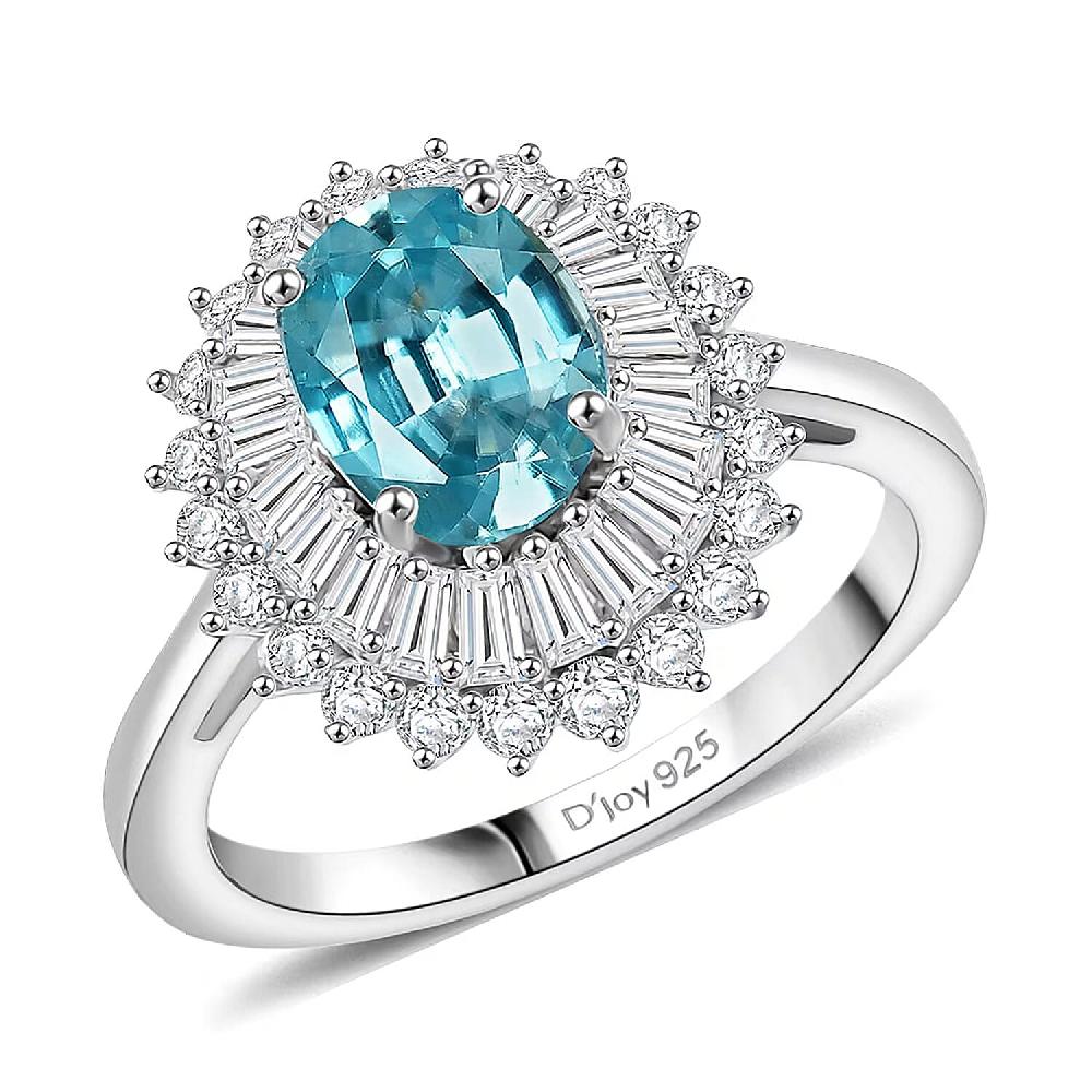 D'Joy AAA Cambodian Blue Zircon Moissanite Azure Ring in Rhodium Over Sterling Silver 3.30 ctw