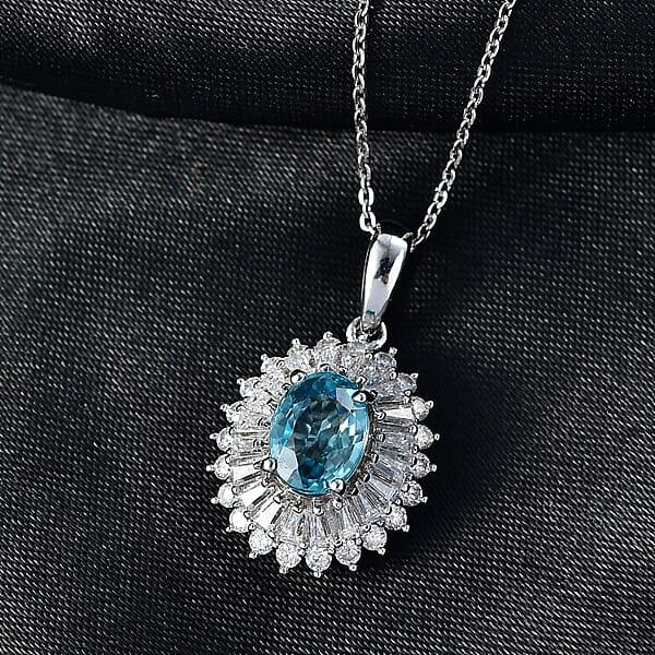 D'Joy AAA Cambodian Blue Zircon Moissanite Pendant Necklace In Rhodium Over Sterling Silver 2.90 Ctw (20 Inches)