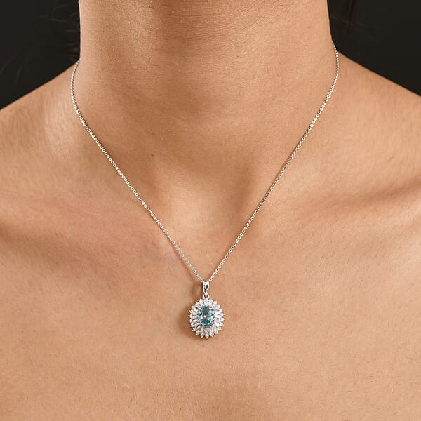 D'Joy AAA Cambodian Blue Zircon Moissanite Pendant Necklace In Rhodium Over Sterling Silver 2.90 Ctw (20 Inches)