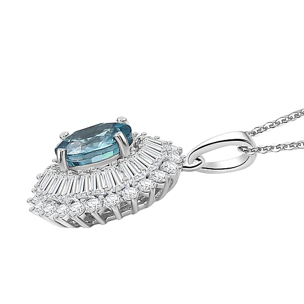 D'Joy AAA Cambodian Blue Zircon Moissanite Pendant Necklace In Rhodium Over Sterling Silver 2.90 Ctw (20 Inches)