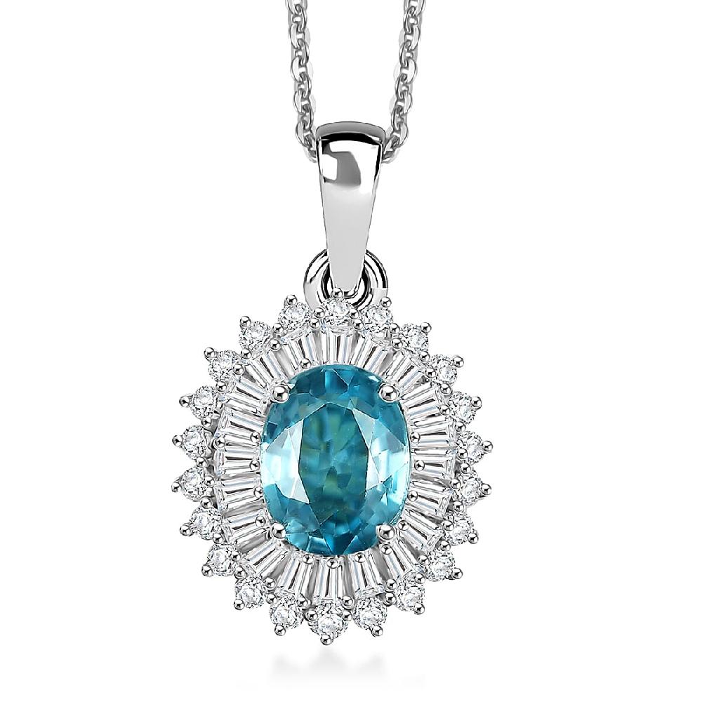 D'Joy AAA Cambodian Blue Zircon Moissanite Pendant Necklace in Rhodium Over Sterling Silver 2.90 ctw (20 Inches)