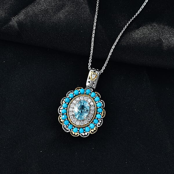 D'Joy AAA Cambodian Blue Zircon Multi Gemstone Pendant Necklace In 18K Vermeil YG And Rhodium Over Sterling Silver 3.10 Ctw (20 Inches)