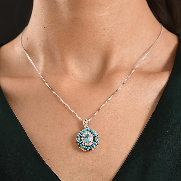 D'Joy AAA Cambodian Blue Zircon Multi Gemstone Pendant Necklace In 18K Vermeil YG And Rhodium Over Sterling Silver 3.10 Ctw (20 Inches)