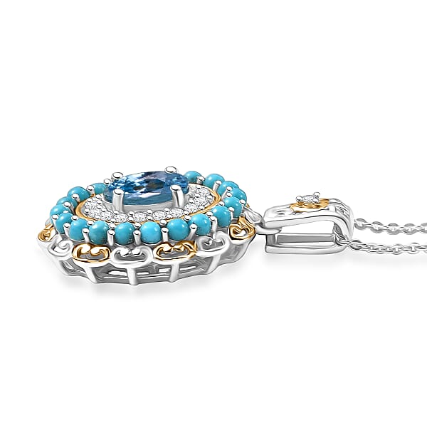 D'Joy AAA Cambodian Blue Zircon Multi Gemstone Pendant Necklace In 18K Vermeil YG And Rhodium Over Sterling Silver 3.10 Ctw (20 Inches)