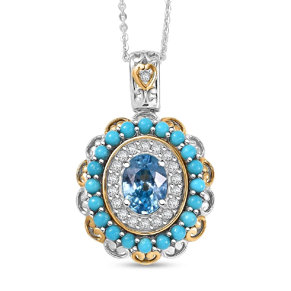 D'Joy AAA Cambodian Blue Zircon Multi Gemstone Pendant Necklace in 18K Vermeil YG and Rhodium Over Sterling Silver 3.10 ctw (20 Inches)