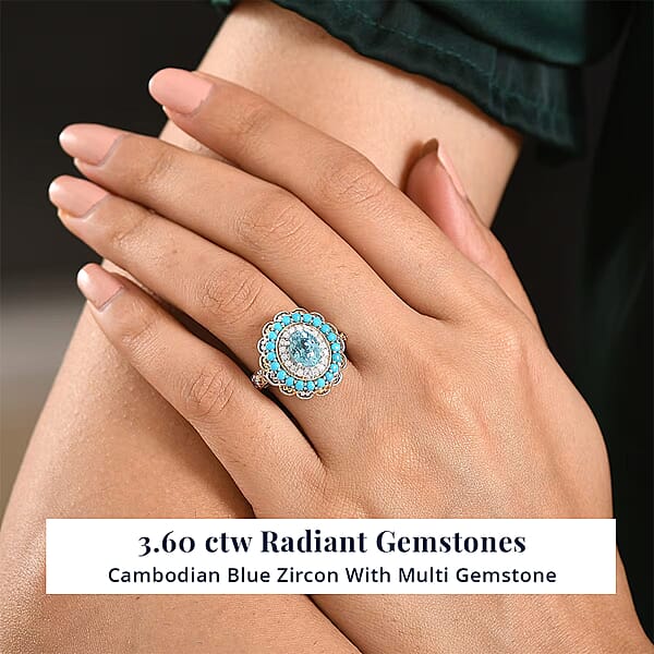 D'Joy AAA Cambodian Blue Zircon Multi Gemstone Ring In 18K Vermeil YG And Rhodium Over Sterling Silver 3.60 Ctw