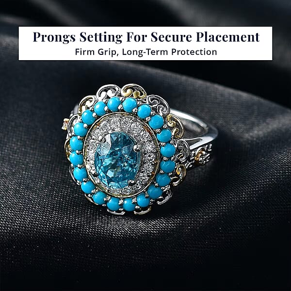 D'Joy AAA Cambodian Blue Zircon Multi Gemstone Ring In 18K Vermeil YG And Rhodium Over Sterling Silver 3.60 Ctw
