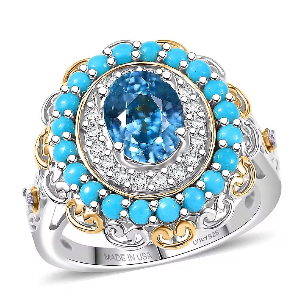 D'Joy AAA Cambodian Blue Zircon Multi Gemstone Ring in 18K Vermeil YG and Rhodium Over Sterling Silver 3.60 ctw