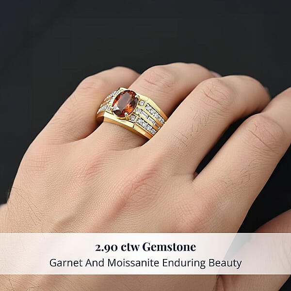 D'Joy AAA Ceylon Honey Garnet Moissanite Men's Ring In 18K Vermeil YG Over Sterling Silver 2.90 Ctw