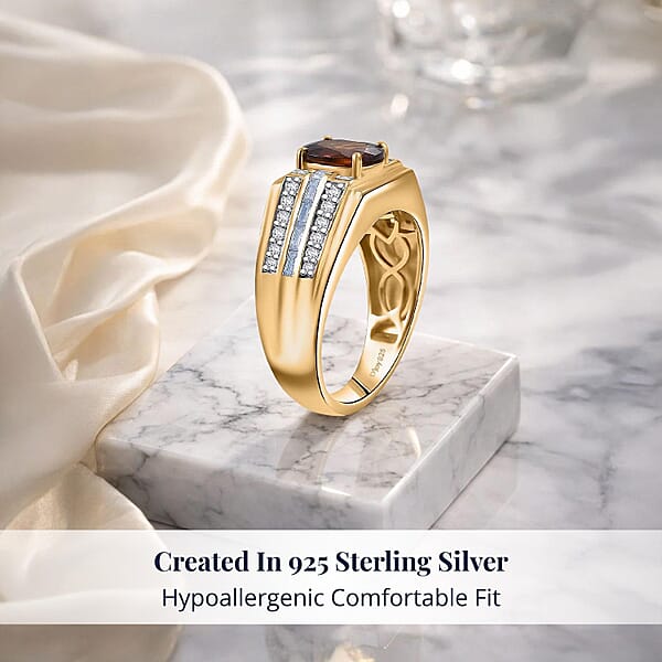 D'Joy AAA Ceylon Honey Garnet Moissanite Men's Ring In 18K Vermeil YG Over Sterling Silver 2.90 Ctw