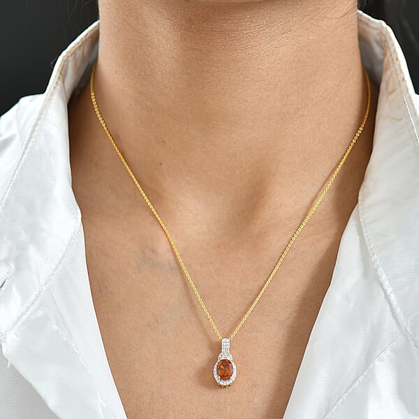 D'Joy AAA Ceylon Honey Garnet Moissanite Pendant Necklace In 18K Vermeil YG Over Sterling Silver 1.80 Ctw (20 Inches)