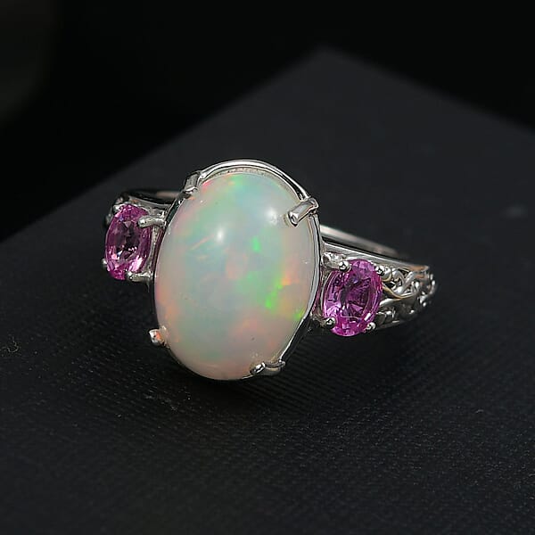D'Joy AAA Ethiopian Welo Opal And Madagascar Pink Sapphire 4.60 Ctw Aurora Blossom Ring In Rhodium Over Sterling Silver