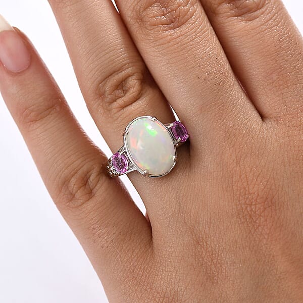 D'Joy AAA Ethiopian Welo Opal And Madagascar Pink Sapphire 4.60 Ctw Aurora Blossom Ring In Rhodium Over Sterling Silver