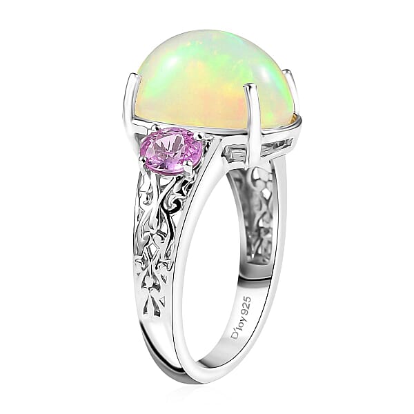 D'Joy AAA Ethiopian Welo Opal And Madagascar Pink Sapphire 4.60 Ctw Aurora Blossom Ring In Rhodium Over Sterling Silver