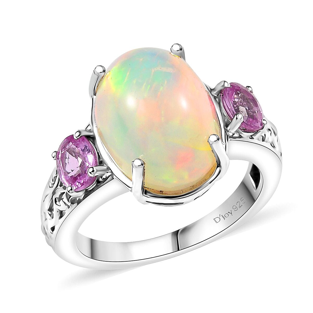 D'Joy AAA Ethiopian Welo Opal and Madagascar Pink Sapphire 4.60 ctw Aurora Blossom Ring in Rhodium Over Sterling Silver