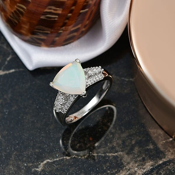 D'Joy AAA Ethiopian Welo Opal And Moissanite 2.10 Ctw Glacial Fire Ring In Rhodium Over Sterling Silver