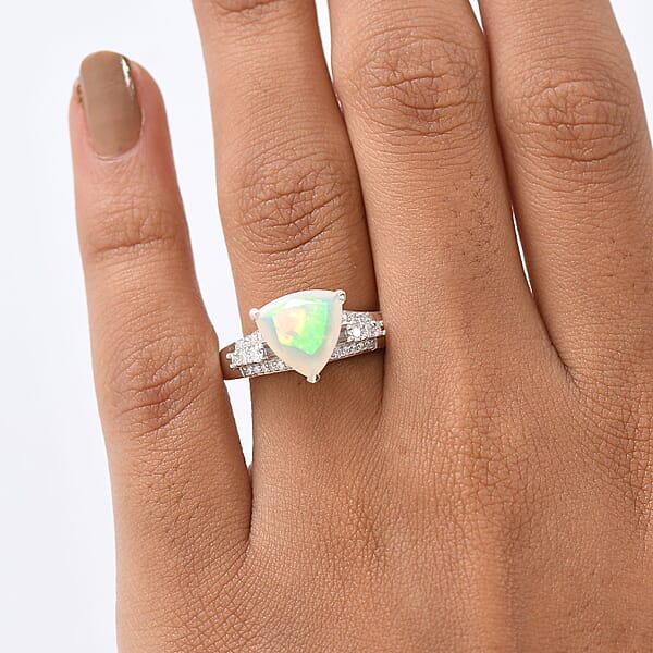 D'Joy AAA Ethiopian Welo Opal And Moissanite 2.10 Ctw Glacial Fire Ring In Rhodium Over Sterling Silver