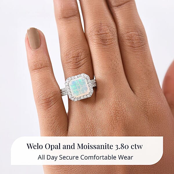 D'Joy AAA Ethiopian Welo Opal And Moissanite 3.80 Ctw Frozen Flame Ring In Rhodium Over Sterling Silver