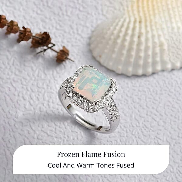 D'Joy AAA Ethiopian Welo Opal And Moissanite 3.80 Ctw Frozen Flame Ring In Rhodium Over Sterling Silver