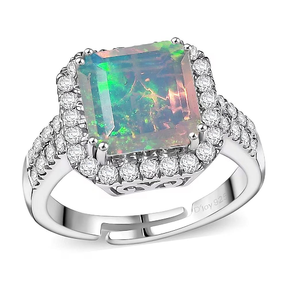 D'Joy AAA Ethiopian Welo Opal and Moissanite 3.80 ctw Frozen Flame Ring in Rhodium Over Sterling Silver