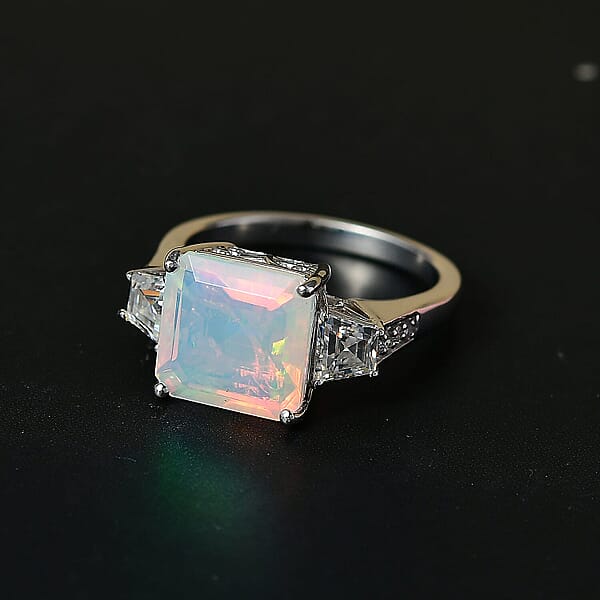 D'Joy AAA Ethiopian Welo Opal Moissanite Art Deco Ring In Rhodium Over Sterling Silver 3.40 Ctw