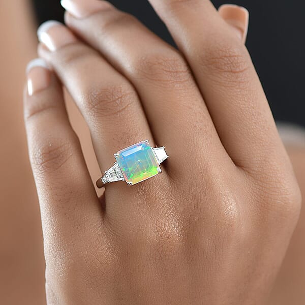 D'Joy AAA Ethiopian Welo Opal Moissanite Art Deco Ring In Rhodium Over Sterling Silver 3.40 Ctw