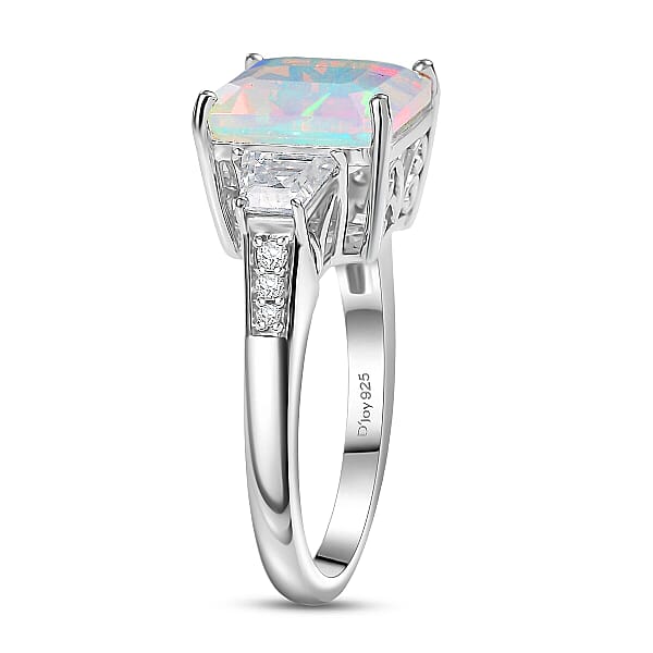 D'Joy AAA Ethiopian Welo Opal Moissanite Art Deco Ring In Rhodium Over Sterling Silver 3.40 Ctw