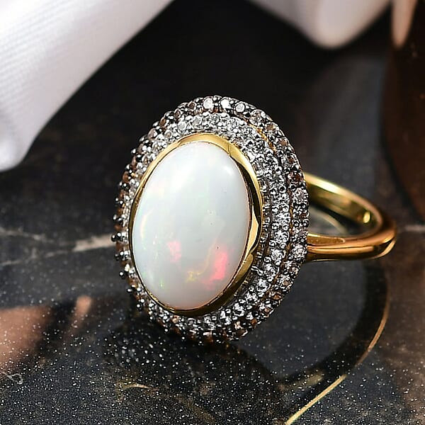 D'Joy AAA Ethiopian Welo Opal White And Champagne Zircon 5.00 Ctw Twilight Flame Ring In 18K Vermeil Yellow Gold Over Sterling Silver
