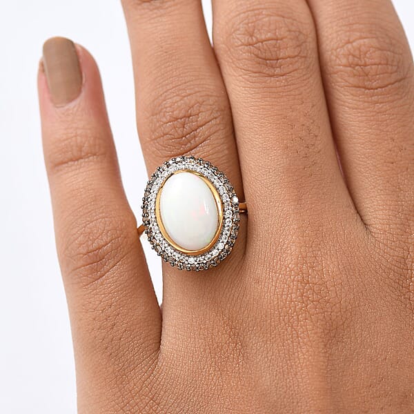 D'Joy AAA Ethiopian Welo Opal White And Champagne Zircon 5.00 Ctw Twilight Flame Ring In 18K Vermeil Yellow Gold Over Sterling Silver