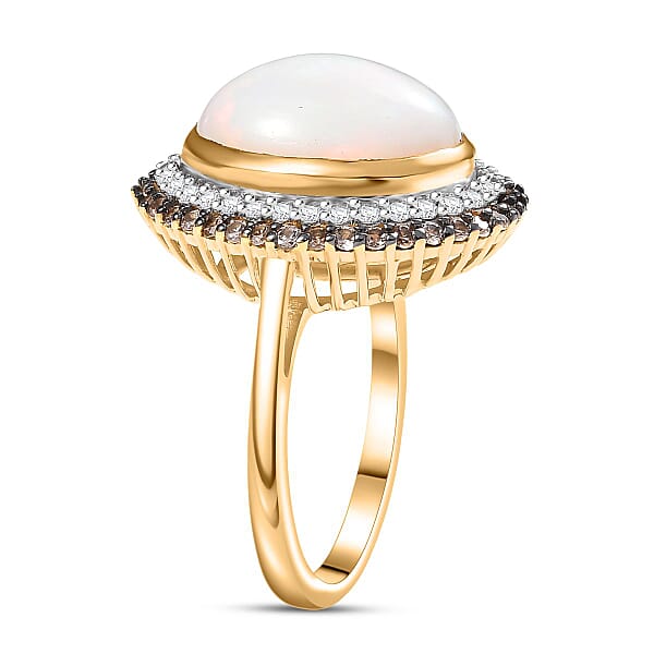 D'Joy AAA Ethiopian Welo Opal White And Champagne Zircon 5.00 Ctw Twilight Flame Ring In 18K Vermeil Yellow Gold Over Sterling Silver
