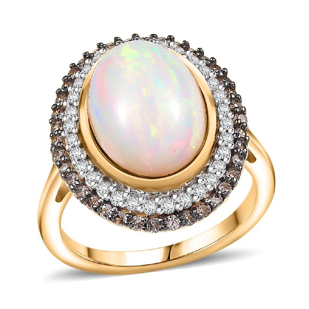D'Joy AAA Ethiopian Welo Opal White and Champagne Zircon 5.00 ctw Twilight Flame Ring in 18K Vermeil Yellow Gold Over Sterling Silver