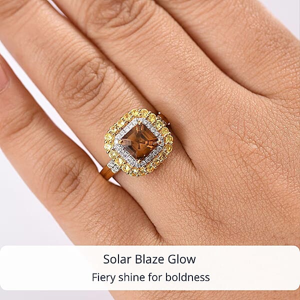 D'Joy AAA Golden Turkizite And Multi Gemstone 3.25 Ctw Solar Blaze Ring In 18K Vermeil Yellow Gold Over Sterling Silver
