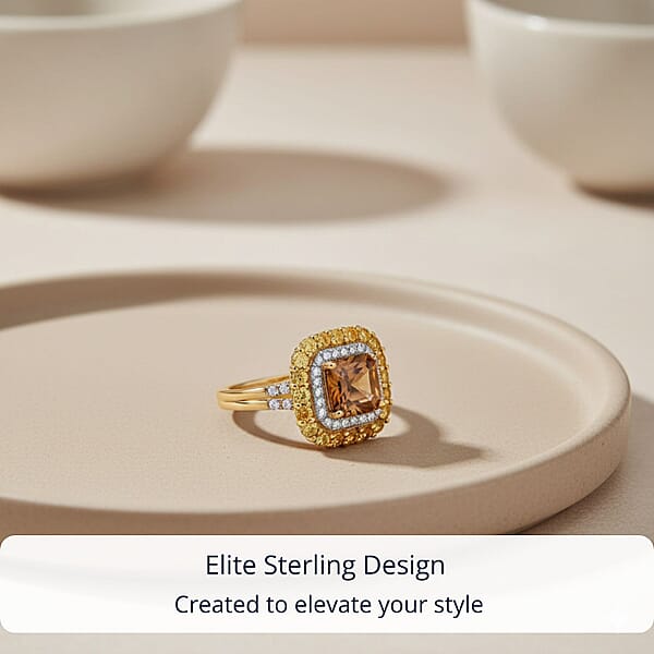 D'Joy AAA Golden Turkizite And Multi Gemstone 3.25 Ctw Solar Blaze Ring In 18K Vermeil Yellow Gold Over Sterling Silver